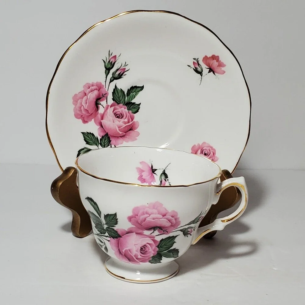Royal Vale Teacup and Saucer Pink Flowers Vintage